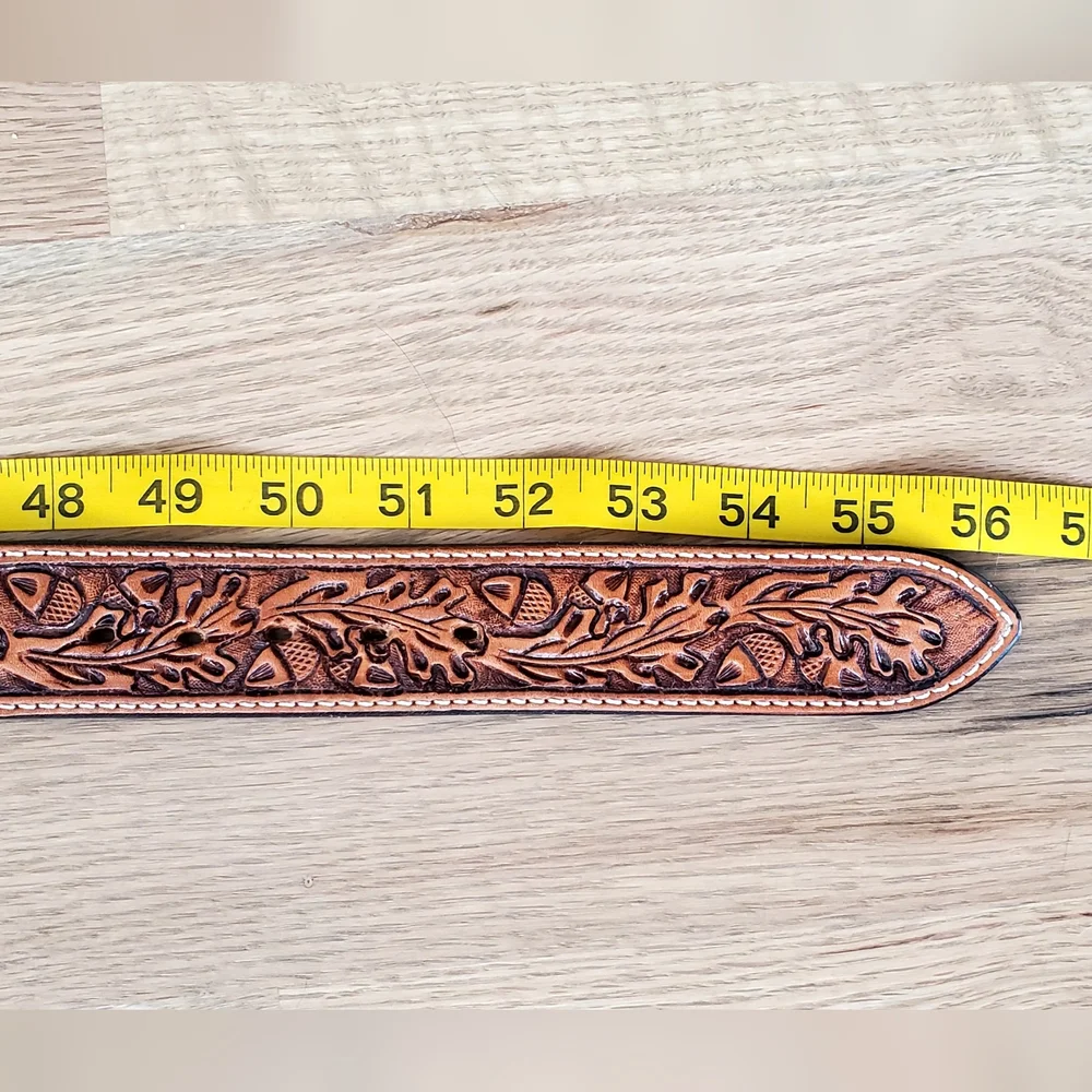 Vogt Russet Brown Hand Tooled Acorn/Leaf Leather Belt, 48